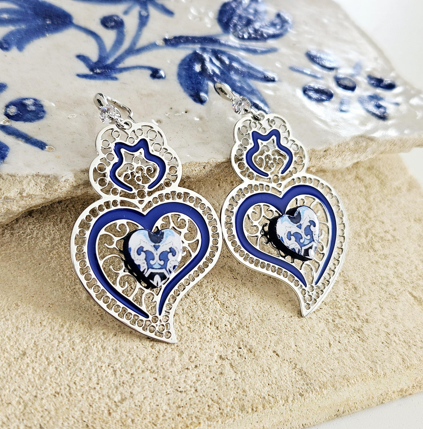 Viana Heart Blue Earring Filigree Steel Dangle Azulejo Heart 925 Sterling Silver Earring CZ Zircon Stone Lightweight Handmade Jewelry Gift