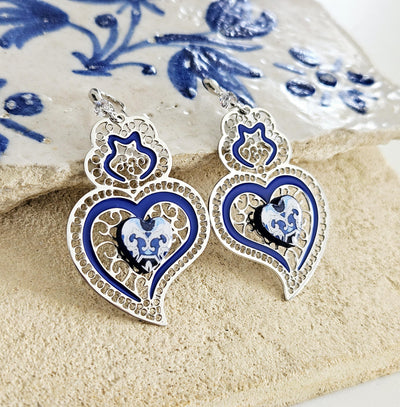 Viana Heart Blue Earring Filigree Steel Dangle Azulejo Heart 925 Sterling Silver Earring CZ Zircon Stone Lightweight Handmade Jewelry Gift