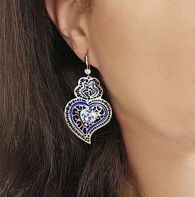 Viana Heart Blue Earring Filigree Steel Dangle Azulejo Heart 925 Sterling Silver Earring CZ Zircon Stone Lightweight Handmade Jewelry Gift