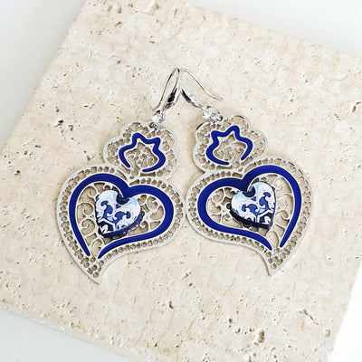 Viana Heart Blue Earring Filigree Steel Dangle Azulejo Heart 925 Sterling Silver Earring CZ Zircon Stone Lightweight Handmade Jewelry Gift