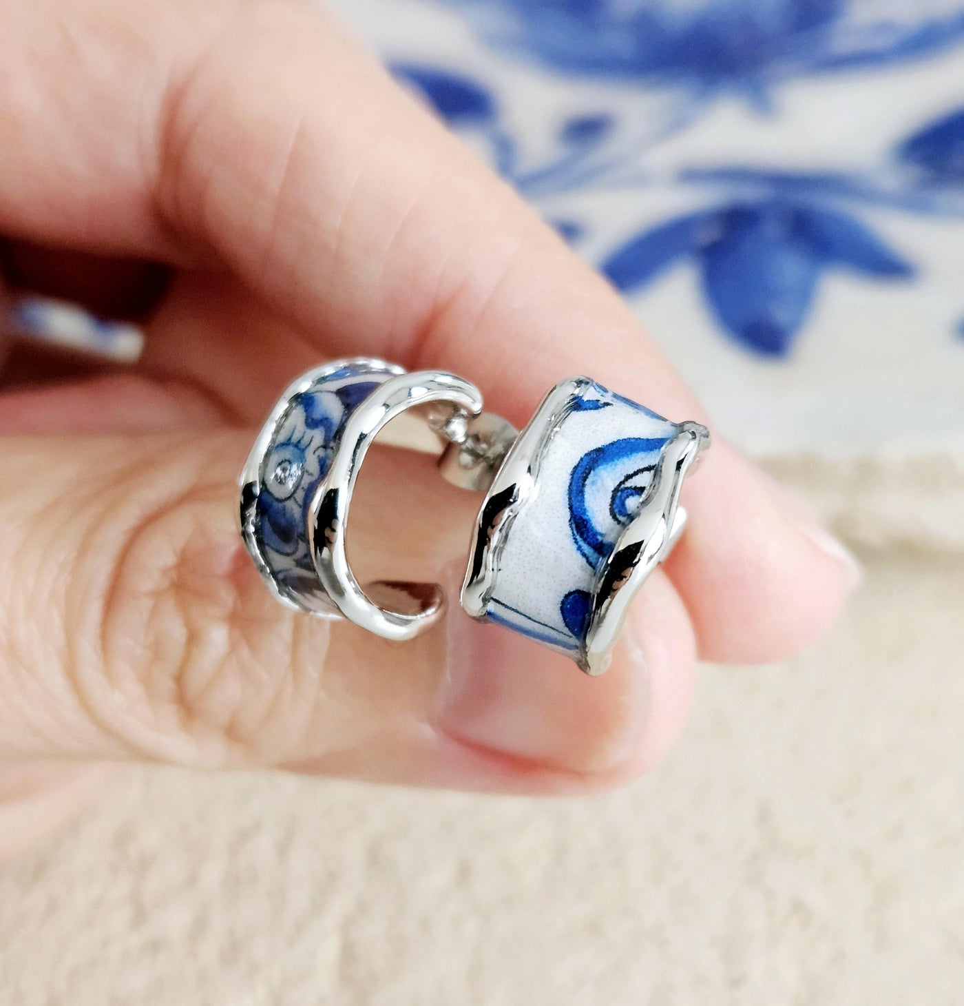 Portugal Tile Small HOOP Earring Flat Silver Hoop Stainless STEEL Hoop Earring Antique Blue Tile Portuguese Porto Travel Birthday Gift