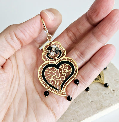 Viana Heart Black Earring Filigree Steel Dangle Heart 925 Ear Wire GOLD Earring Zircon Natural Stone Enamel Handmade Jewelry Birthday Gift