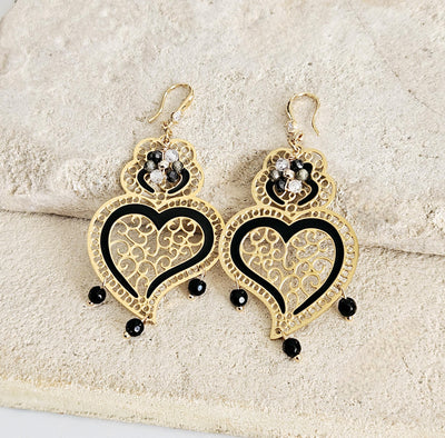 Viana Heart Black Earring Filigree Steel Dangle Heart 925 Ear Wire GOLD Earring Zircon Natural Stone Enamel Handmade Jewelry Birthday Gift