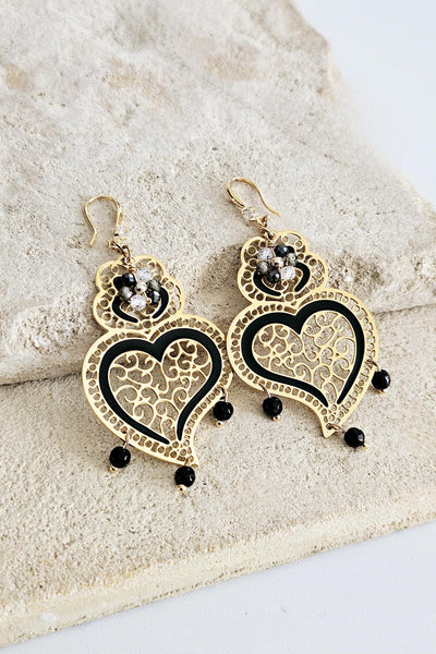 Viana Heart Black Earring Filigree Steel Dangle Heart 925 Ear Wire GOLD Earring Zircon Natural Stone Enamel Handmade Jewelry Birthday Gift