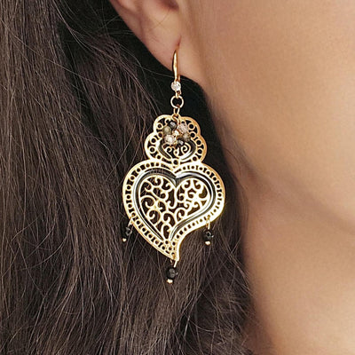 Viana Heart Black Earring Filigree Steel Dangle Heart 925 Ear Wire GOLD Earring Zircon Natural Stone Enamel Handmade Jewelry Birthday Gift