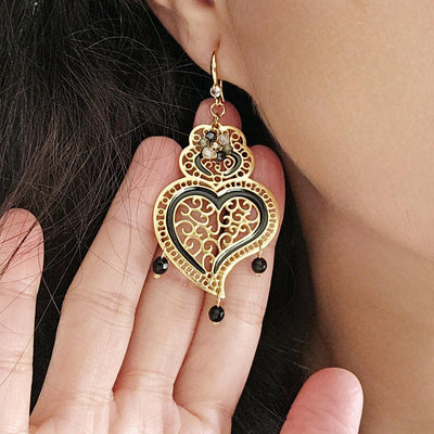 Viana Heart Black Earring Filigree Steel Dangle Heart 925 Ear Wire GOLD Earring Zircon Natural Stone Enamel Handmade Jewelry Birthday Gift