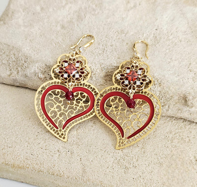 Viana Heart Earring Red Filigree Steel Dangle Baroque Minho Heart 925 Sterling Silver Earring CZ Zircon Stone Handmade Jewelry Birthday Gift