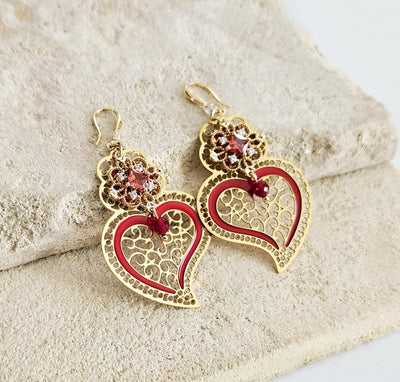 Viana Heart Earring Red Filigree Steel Dangle Baroque Minho Heart 925 Sterling Silver Earring CZ Zircon Stone Handmade Jewelry Birthday Gift