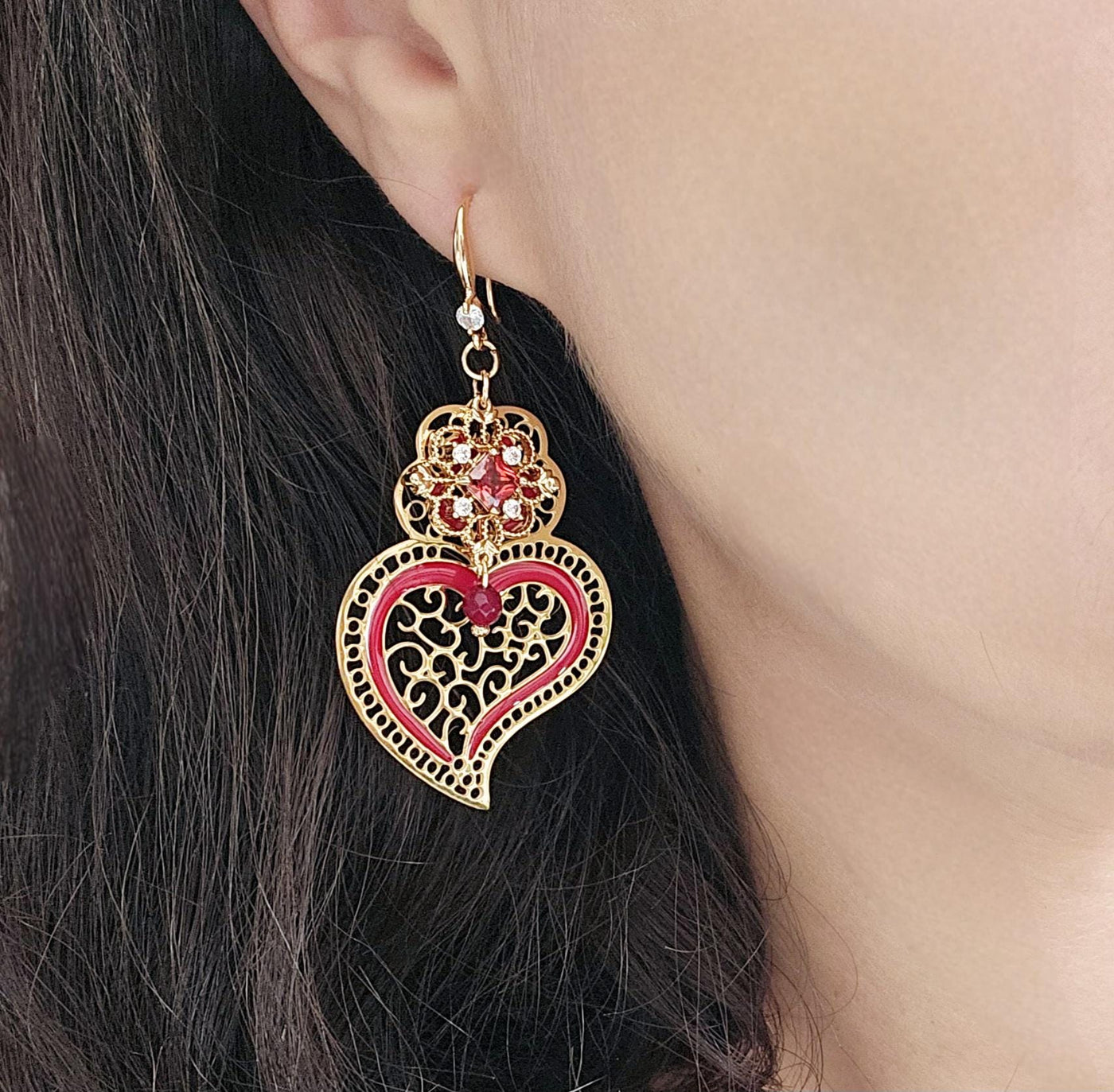 Viana Heart Earring Red Filigree Steel Dangle Baroque Minho Heart 925 Sterling Silver Earring CZ Zircon Stone Handmade Jewelry Birthday Gift