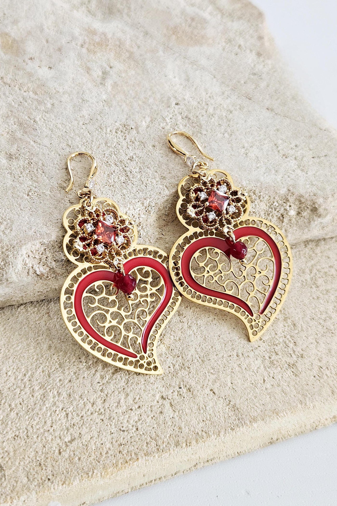 Viana Heart Earring Red Filigree Steel Dangle Baroque Minho Heart 925 Sterling Silver Earring CZ Zircon Stone Handmade Jewelry Birthday Gift