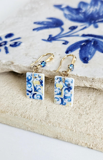 Watercolor Sicilian Tile Mother Pearl Earring GOLD 925 Sterling Silver Blue Zirconia Mediterranean Italian Tile Earring Gift Caltagirone