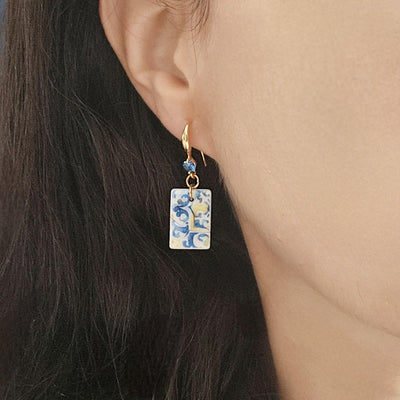 Watercolor Sicilian Tile Mother Pearl Earring GOLD 925 Sterling Silver Blue Zirconia Mediterranean Italian Tile Earring Gift Caltagirone