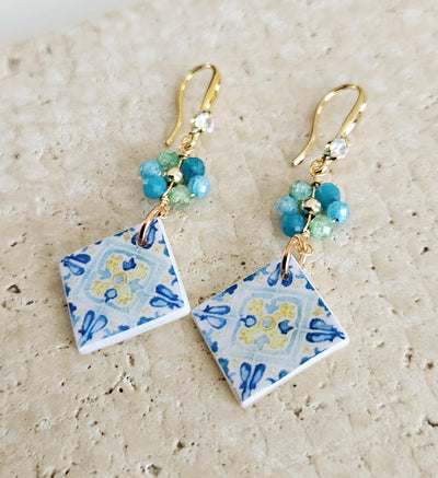 Watercolor Sicilian Tile Mother Pearl Earring GOLD 925 Sterling Flower Natural Stone Zirconia Mediterranean Tile Earring Gift Caltagirone