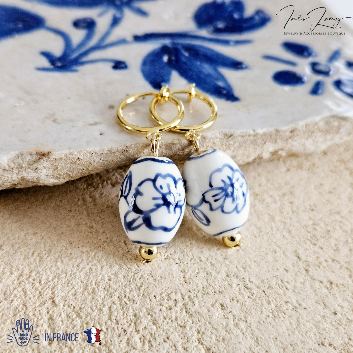 Ceramic Barrel Bead GOLD Hoop Earring Porcelain Ceramic Earring Blue White Flower Jewelry Non Pierced Ears Earring Pottery Pearl Wife Gift