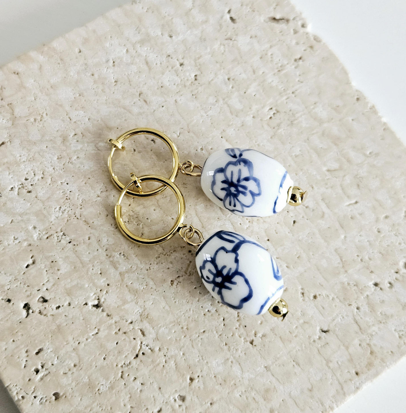 Ceramic Barrel Bead GOLD Hoop Earring Porcelain Ceramic Earring Blue White Flower Jewelry Non Pierced Ears Earring Pottery Pearl Wife Gift