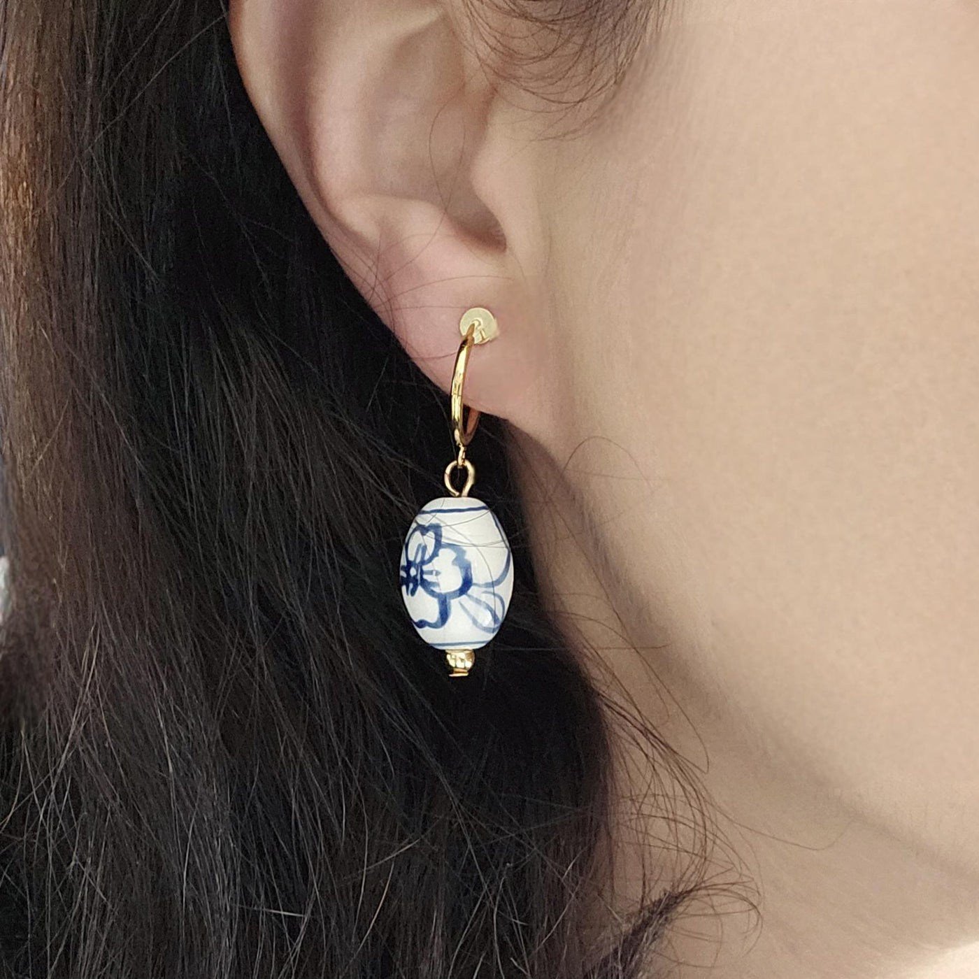 Ceramic Barrel Bead GOLD Hoop Earring Porcelain Ceramic Earring Blue White Flower Jewelry Non Pierced Ears Earring Pottery Pearl Wife Gift