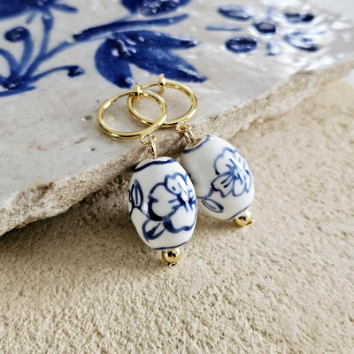 Ceramic Barrel Bead GOLD Hoop Earring Porcelain Ceramic Earring Blue White Flower Jewelry Non Pierced Ears Earring Pottery Pearl Wife Gift