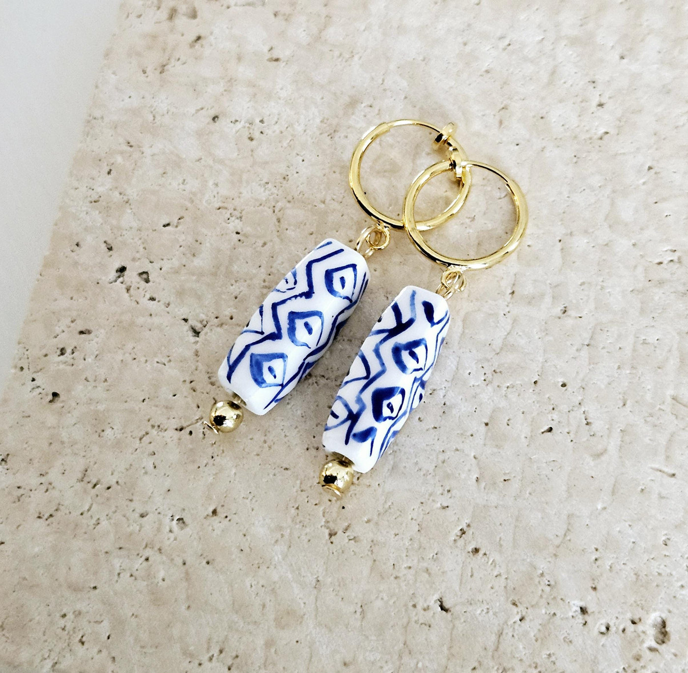 Ceramic Bar Bead GOLD Hoop Earring Porcelain Ceramic Earring Blue White Geometric Jewelry Non Pierced Ear Earring Pottery Hoop Birthday Gift