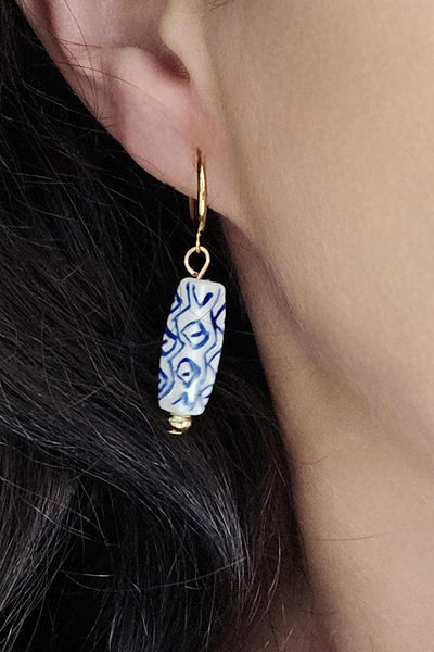 Ceramic Bar Bead GOLD Hoop Earring Porcelain Ceramic Earring Blue White Geometric Jewelry Non Pierced Ear Earring Pottery Hoop Birthday Gift