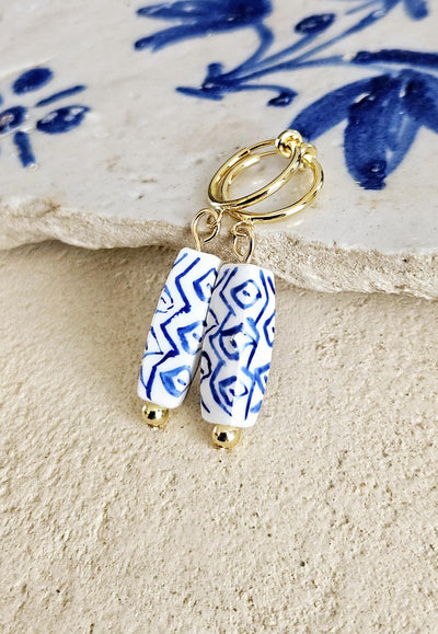 Ceramic Bar Bead GOLD Hoop Earring Porcelain Ceramic Earring Blue White Geometric Jewelry Non Pierced Ear Earring Pottery Hoop Birthday Gift