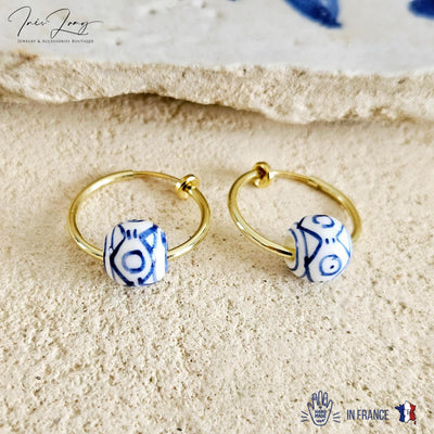 HOOP GOLD Ceramic Globe Bead Earring Porcelain Ceramic Earring Blue White Geometric Jewelry Non Pierced Ear Earring Pottery Birthday Gift