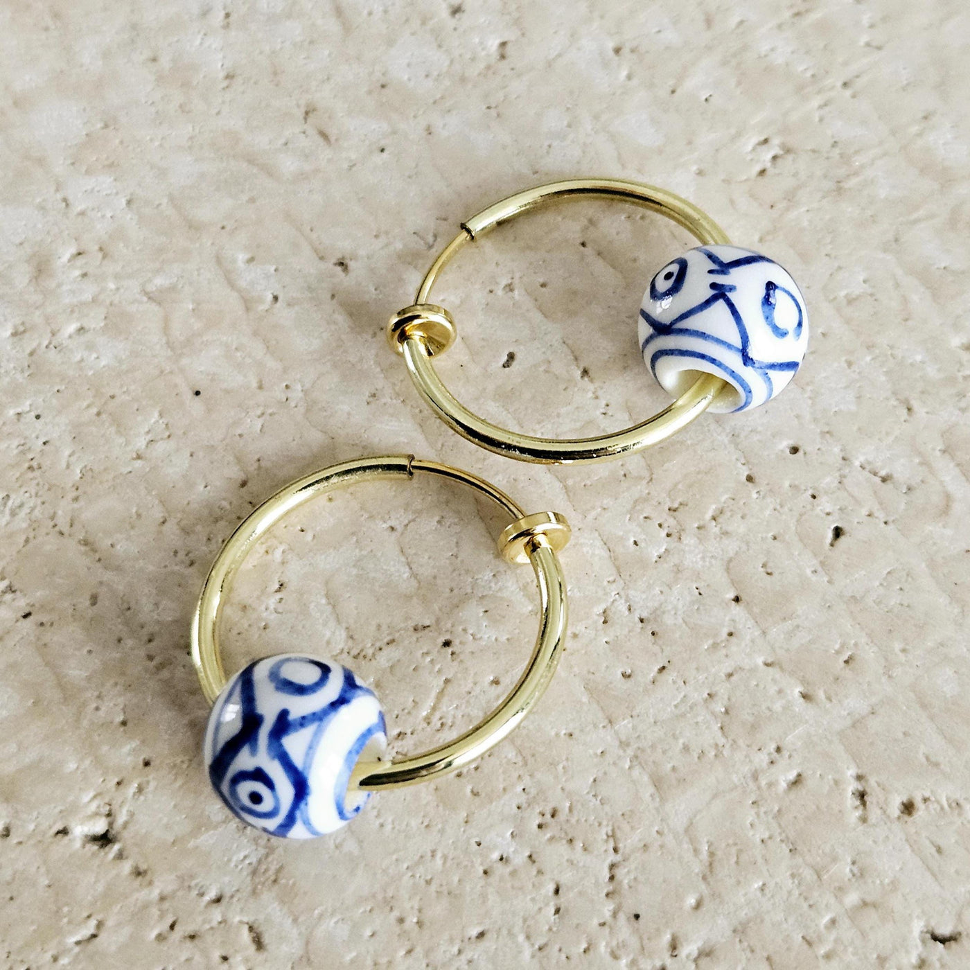 HOOP GOLD Ceramic Globe Bead Earring Porcelain Ceramic Earring Blue White Geometric Jewelry Non Pierced Ear Earring Pottery Birthday Gift