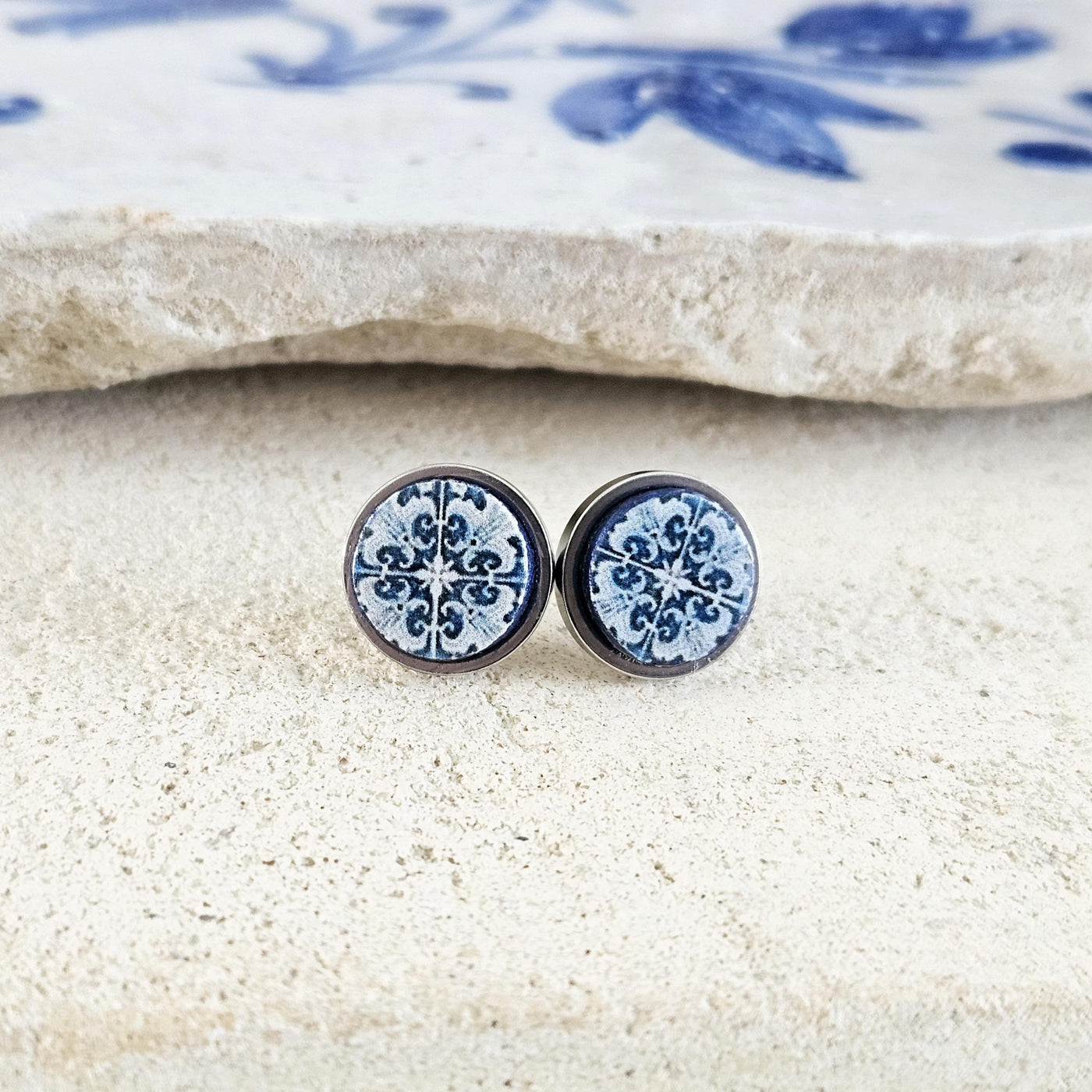 Portugal Antique Tile Stud Earring Small Round Blue White STEEL Earring Azulejo Portuguese Mom Gift Travel Mediterranean European Gift Tile