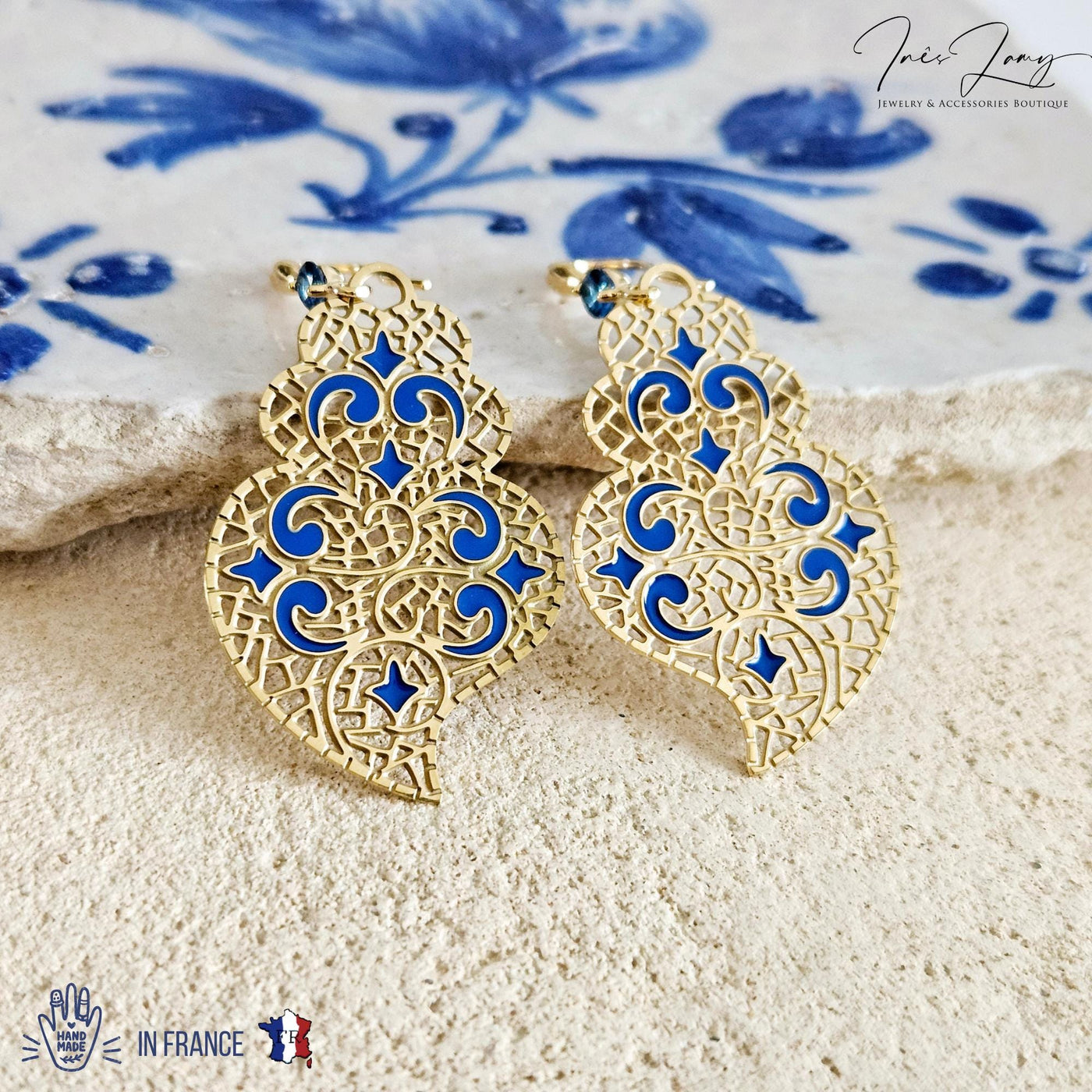 Viana Heart Blue Earring Filigree Steel Dangle Azulejo Heart 925 Sterling Silver Earring CZ Zircon Stone Lightweight Handmade Jewelry Gift