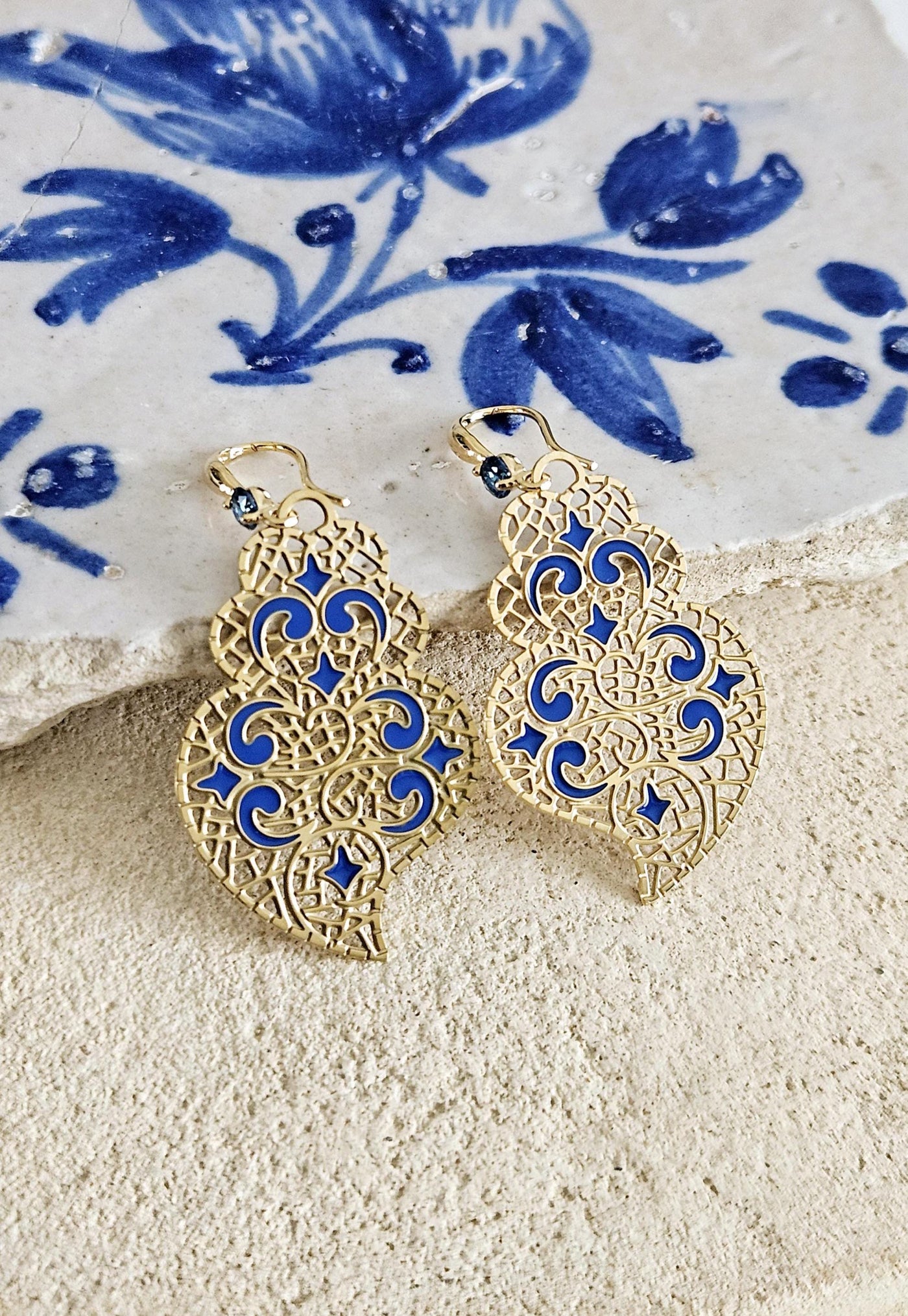 Viana Heart Blue Earring Filigree Steel Dangle Azulejo Heart 925 Sterling Silver Earring CZ Zircon Stone Lightweight Handmade Jewelry Gift