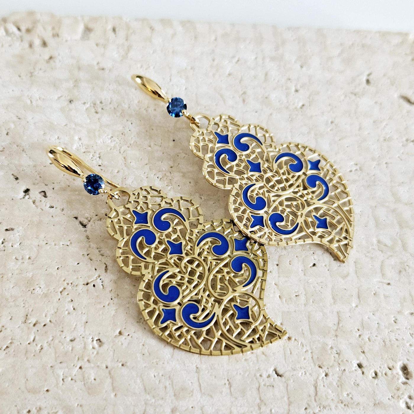 Viana Heart Blue Earring Filigree Steel Dangle Azulejo Heart 925 Sterling Silver Earring CZ Zircon Stone Lightweight Handmade Jewelry Gift