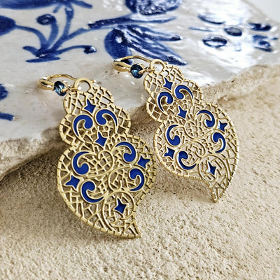 Viana Heart Blue Earring Filigree Steel Dangle Azulejo Heart 925 Sterling Silver Earring CZ Zircon Stone Lightweight Handmade Jewelry Gift