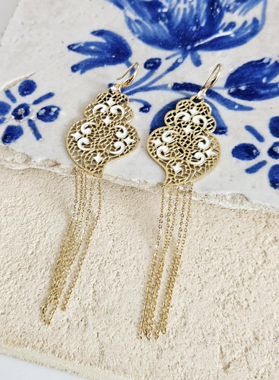 Viana Heart White Long Earring Filigree Steel Dangle Azulejo Heart 925 Sterling Silver Earring CZ Zircon Lightweight Handmade Jewelry Gift