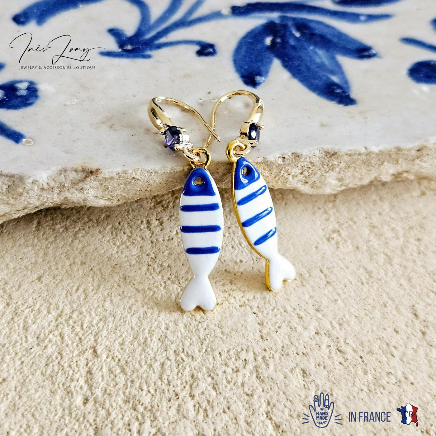 Portuguese Sardine Earring Blue White Stripe Sardine Earrings 925 Sterling Gold Drop Earring Sardine Enamel Earring Gift From Portugal