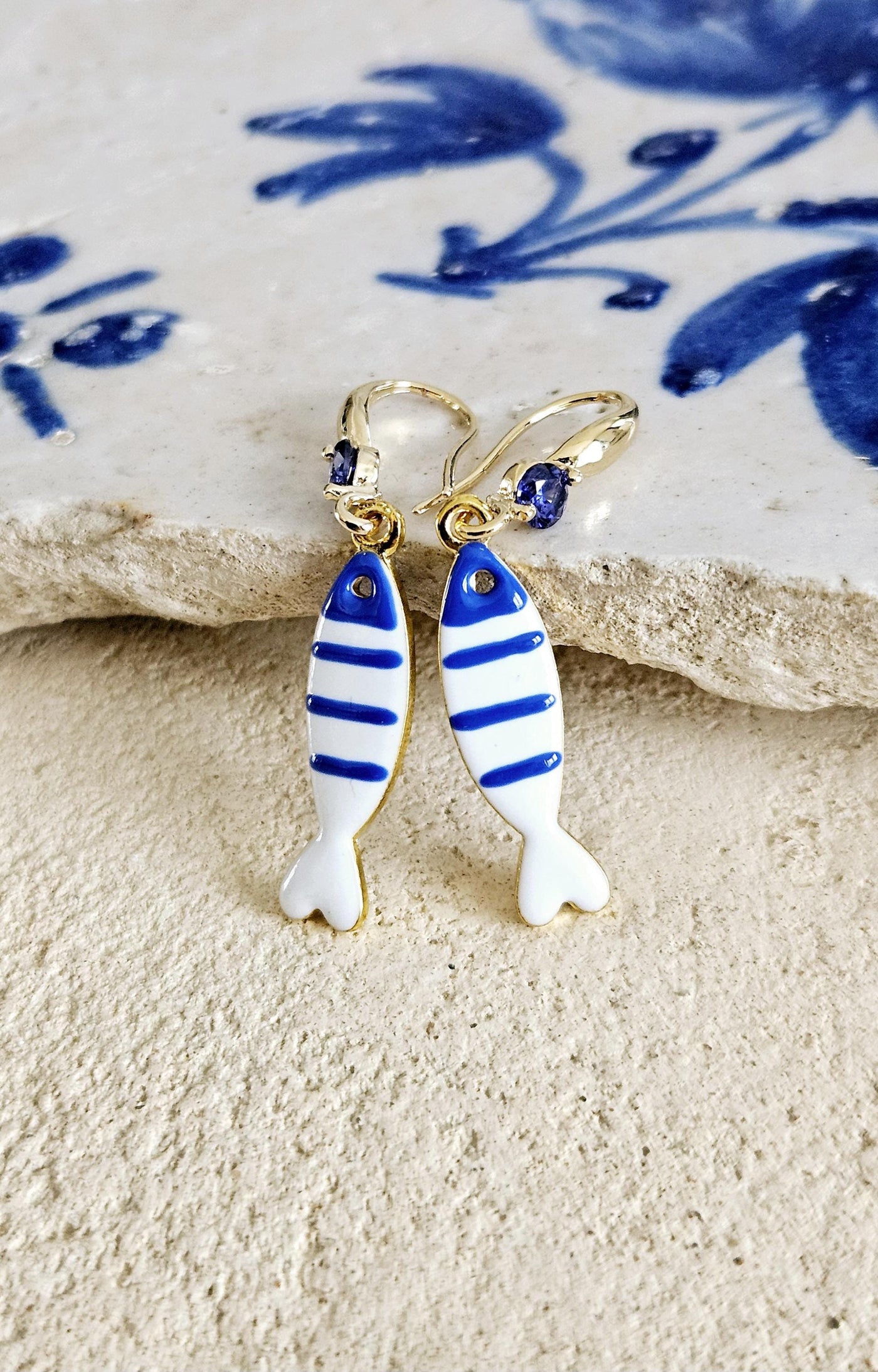 Portuguese Sardine Earring Blue White Stripe Sardine Earrings 925 Sterling Gold Drop Earring Sardine Enamel Earring Gift From Portugal