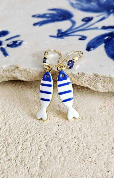 Portuguese Sardine Earring Blue White Stripe Sardine Earrings 925 Sterling Gold Drop Earring Sardine Enamel Earring Gift From Portugal