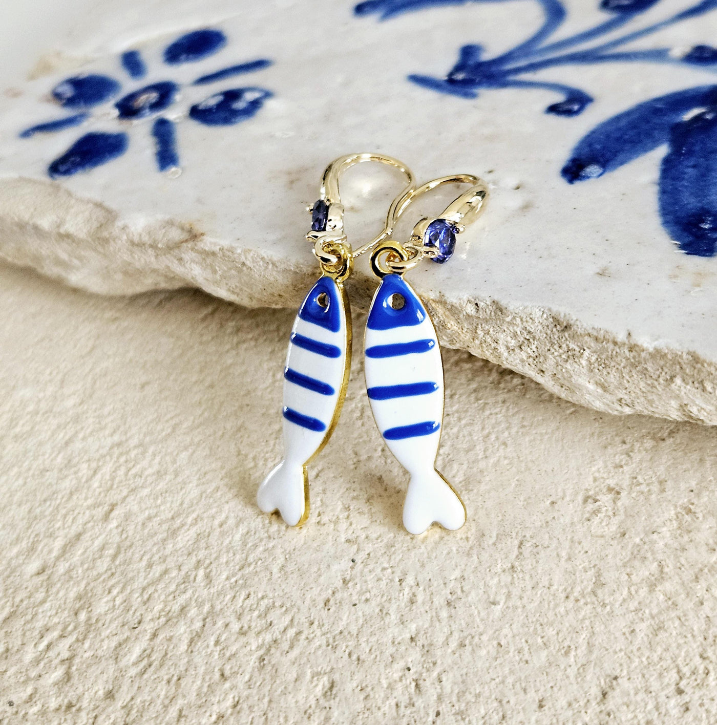 Portuguese Sardine Earring Blue White Stripe Sardine Earrings 925 Sterling Gold Drop Earring Sardine Enamel Earring Gift From Portugal