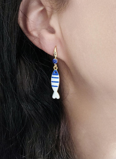 Portuguese Sardine Earring Blue White Stripe Sardine Earrings 925 Sterling Gold Drop Earring Sardine Enamel Earring Gift From Portugal