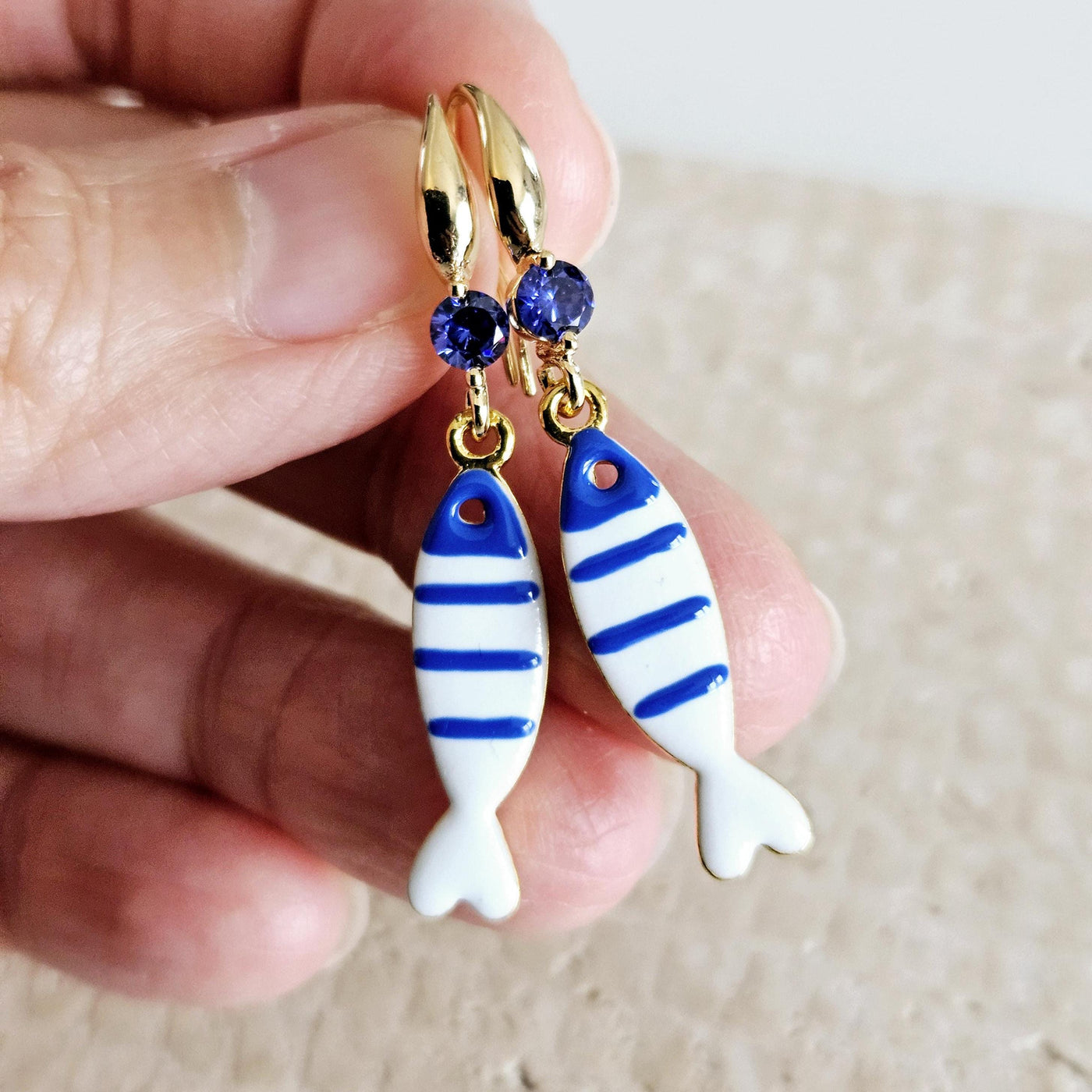 Portuguese Sardine Earring Blue White Stripe Sardine Earrings 925 Sterling Gold Drop Earring Sardine Enamel Earring Gift From Portugal