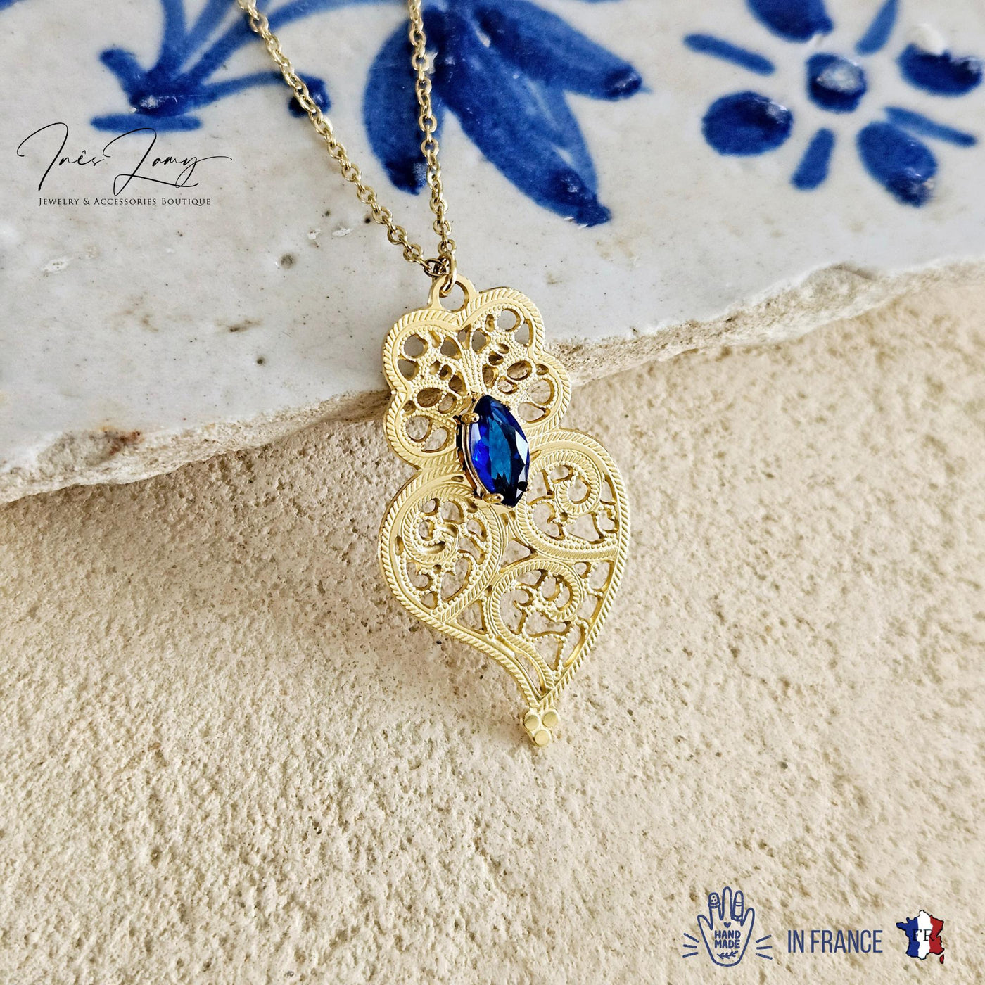 GOLD Filigree Heart Necklace Portuguese Viana Heart Azulejo Pendant Portugal Jewelry Gold Heart Pendant Blue Stone Wife Thin Necklace Gift