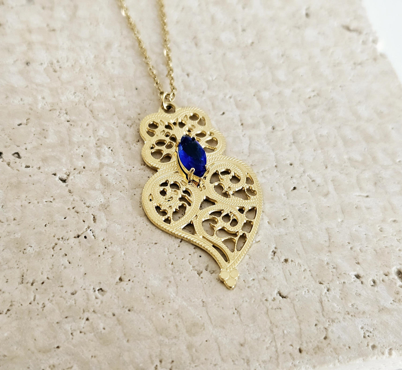 GOLD Filigree Heart Necklace Portuguese Viana Heart Azulejo Pendant Portugal Jewelry Gold Heart Pendant Blue Stone Wife Thin Necklace Gift