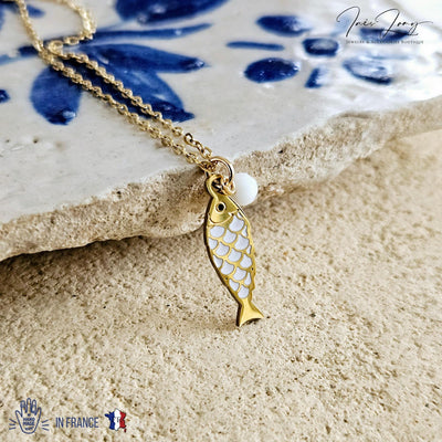 White GOLD STEEL Sardine Necklace Fish Portugal White Enamel Pendant Gold Sea Animal Fish Jewelry Gift Portugal Souvenir Natural White Stone