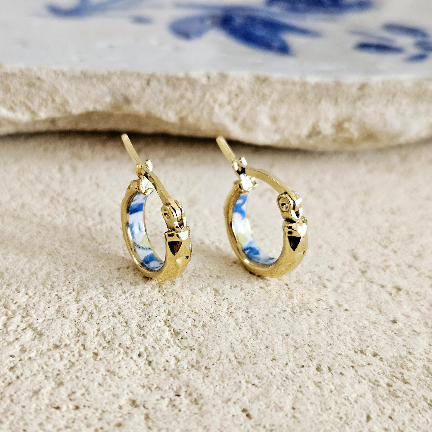 Small HOOP Earring Flat GOLD STEEL Earring Watercolor Sicilian Tile Earring Mediterranean Italian Tile Earring Anniversary Gift 14mm|0.55''