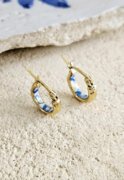 Small HOOP Earring Flat GOLD STEEL Earring Watercolor Sicilian Tile Earring Mediterranean Italian Tile Earring Anniversary Gift 14mm|0.55''