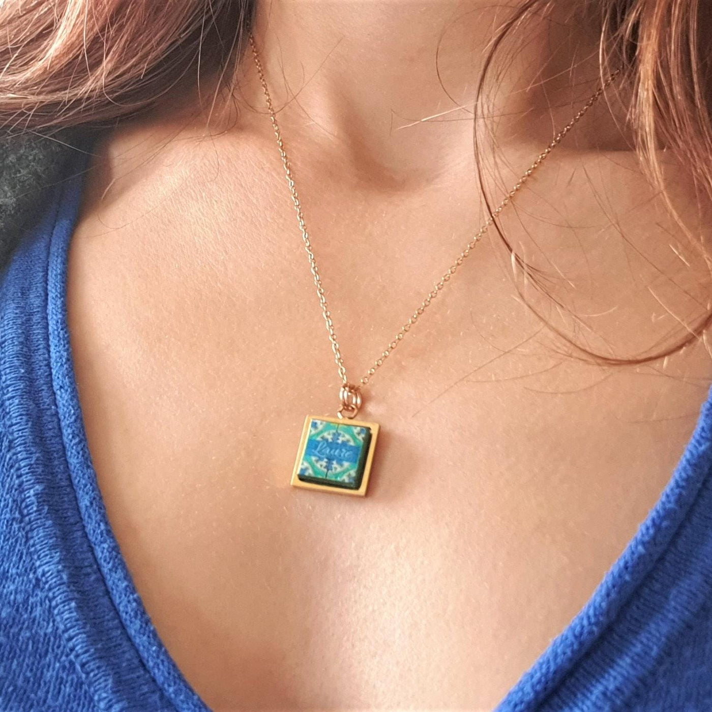 Custom Name Green Tile Necklace Silver Gold Rose Gold Custom Charm Necklace Personalized Bridesmaid Pendant Portuguese Small Azulejo Tile