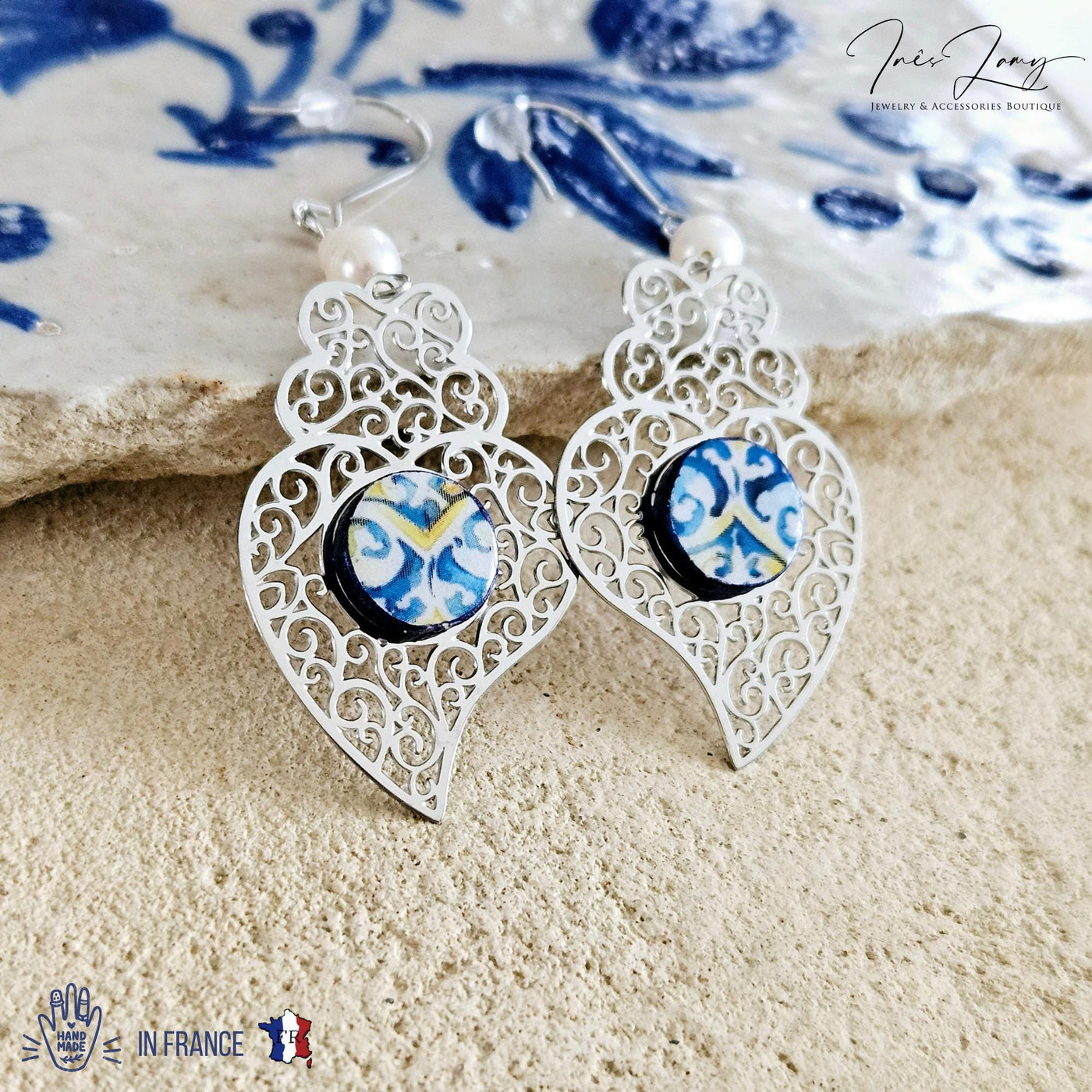 Viana Heart Blue Tile Earring Filigree Silver Steel Dangle Heart Charm Round Azulejo White Pearl Lightweight Handmade Christmas Jewelry Gift