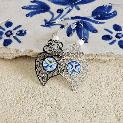 Viana Heart Blue Tile Earring Filigree Silver Steel Dangle Heart Charm Round Azulejo White Pearl Lightweight Handmade Christmas Jewelry Gift