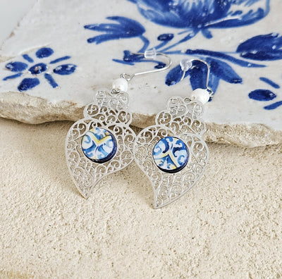 Viana Heart Blue Tile Earring Filigree Silver Steel Dangle Heart Charm Round Azulejo White Pearl Lightweight Handmade Christmas Jewelry Gift