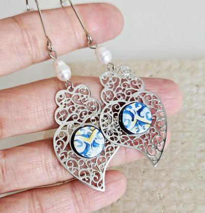 Viana Heart Blue Tile Earring Filigree Silver Steel Dangle Heart Charm Round Azulejo White Pearl Lightweight Handmade Christmas Jewelry Gift