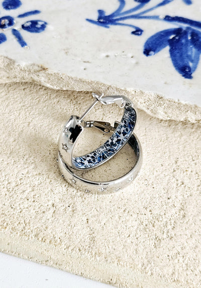 Antique BLUE Tile Large HOOP Earring Blue Flower Silver STEEL Azulejo Silver Hoop Historical Jewelry Anniversary Women Handmade Fashion Gift