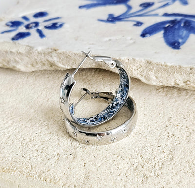 Antique BLUE Tile Large HOOP Earring Blue Flower Silver STEEL Azulejo Silver Hoop Historical Jewelry Anniversary Women Handmade Fashion Gift